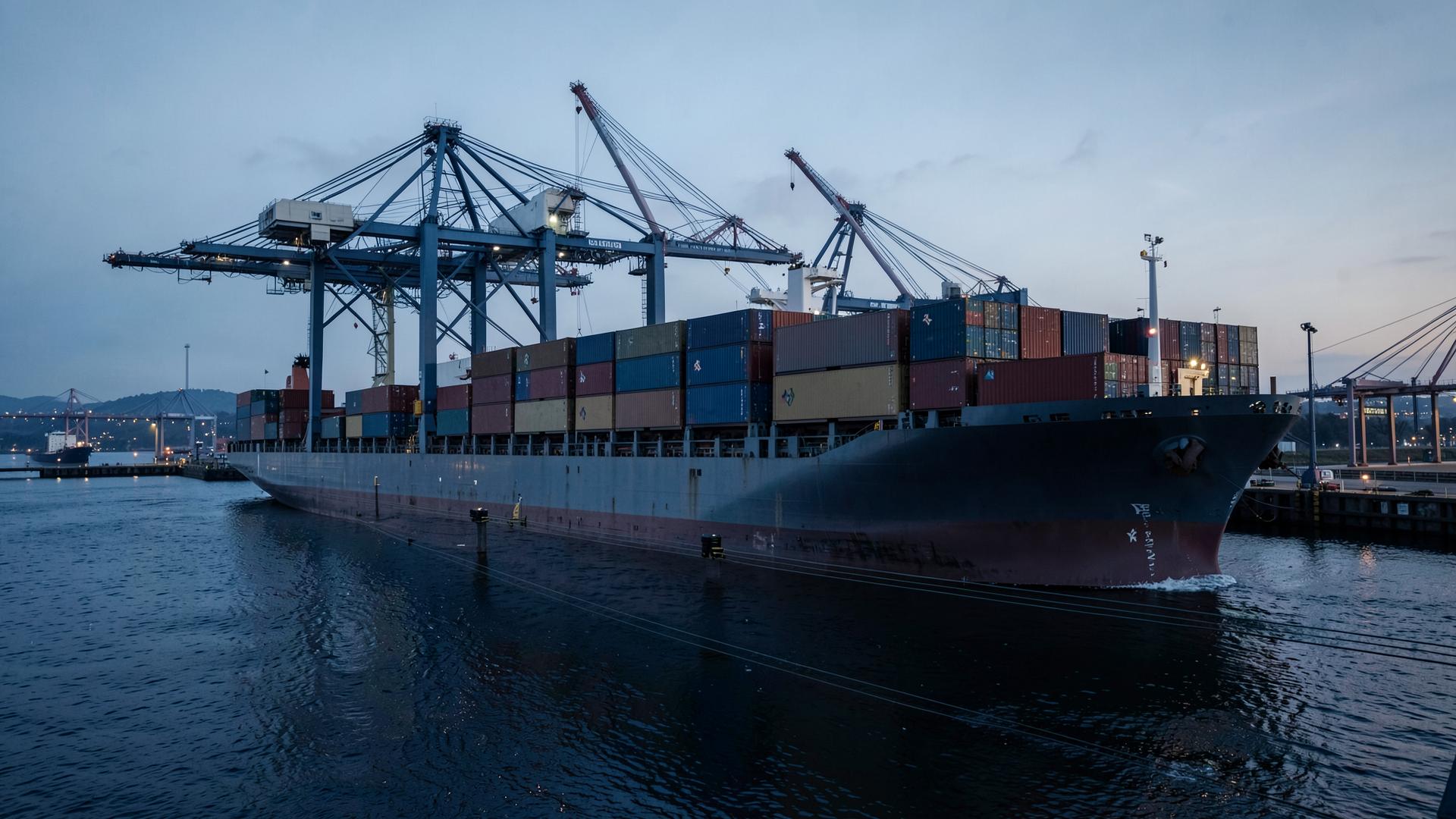 Container vessel alongside a European port terminal at dusk